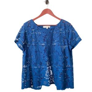Ann Taylor LOFT Lace Overlay Split Back Crew Tee M